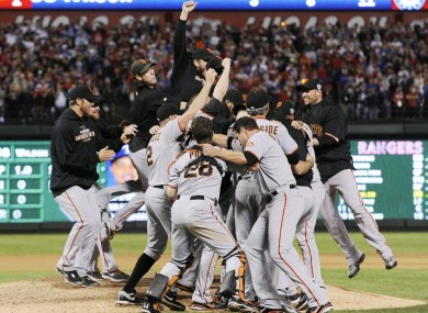 The San Francisco Giants celebrate their World Series title after beating the Texas Rangers 3-1 in Game 5 at Rangers Ballpark in Arlington last night.