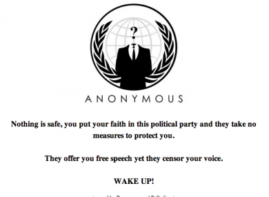 Visitors to www.finegael2011.com were this evening presented with this message, posted by members of the Anonymous collective.