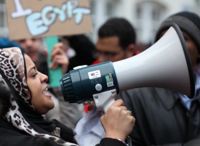 Egyptian citizens and supporters gathered outside the Egyptian Embassy in London to show solidarity to the protesters in Egypt, 1 Feb 2010