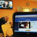 A laptop in the TV3 canteen shows a Fine Gael live web link to a public meeting in Carrick-on-Shannon where Enda Kenny was speaking as Eamon Gilmore and Micheal Martin had a leaders' debate on national television on Tuesday night.