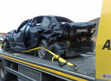 The wrecked car involved in John McGuinness' accident last August.