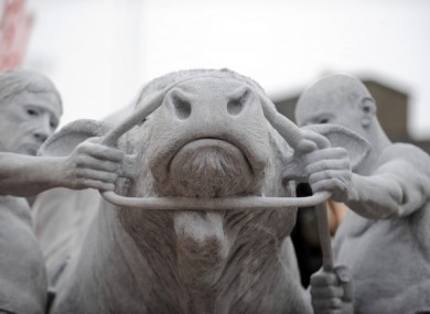 Sculptor Colin Grehan's bull centrepiece unveiled recently in Navan's Maret Square.