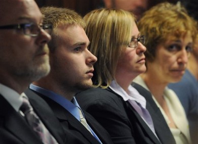 Sean Mulveyhill, second from left, sits in court during his hearing where he pleaded guilty to criminal harassment in Franklin - Hampshire Juvenile Court in Northampton, Mass., Wednesday, May 4, 2011.
