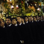 Members of a Catholic brotherhood line up while carrying a sculpture depicting Jesus and the Last Supper, during a procession after a religious ceremony celebrated with the Pope Benedict XVI in Madrid, Saturday, Aug. 20, 2011. 


The Pontiff was in Madrid for a four-day visit on the occasion of the Catholic Church's World Youth Day. 


(AP Photo/Daniel Ochoa de Olza)