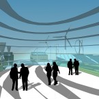 The transparent meeting room on top of the building