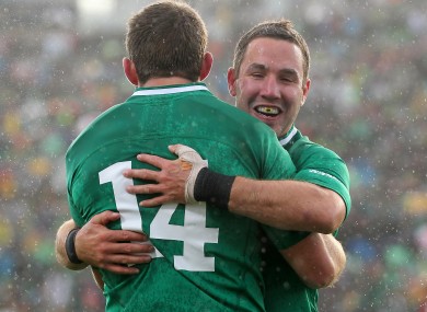 Paddy Wallace congratulates try-scorer Fergus McFadden.