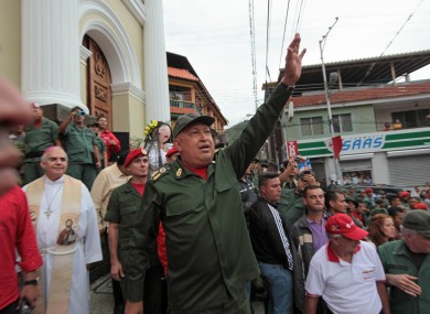Chavez greets supporters upon his arrival to La Grita today