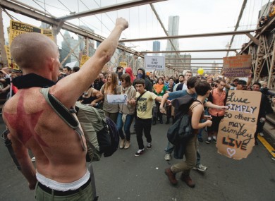 Protesters on the Brooklyn Bridge yesterday