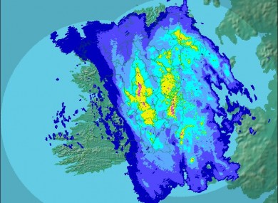 A Met Éireann radar photograph shows the scale of the rainfall across Ireland yesterday at 5pm.