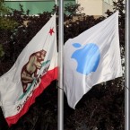Flags fly at half-mast at Apple headquarters in Cupertino, California. (AP Photo/Marcio Jose Sanchez)