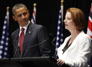 U.S. President Barack Obama, left, and Australian Prime Minister Julia Gillard hold a joint press conference in Canberra, Australia, Wednesday, Nov. 16, 2011.