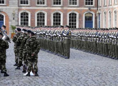 The Defence Forces rehearsing for today's inauguration ceremony.