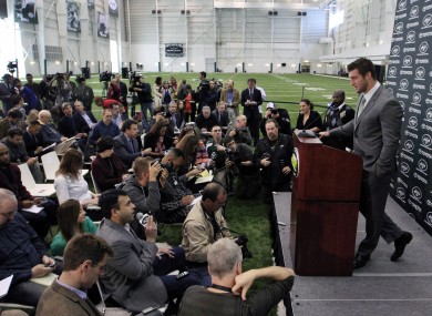 Tim Tebow holds his first news conference with the New York Jets yesterday.