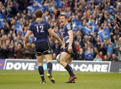 Brian O'Driscoll celebrates his first half try with Gordon D'Arcy