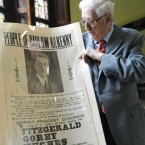 The late former Taoiseach Dr Garret FitzGerald views a 1932 election poster of his father the late Desmond FitzGerald published by Cumann na nGaedheal from the political collection of the National Library of Ireland.(Sasko Lazarov/Photocall Ireland)