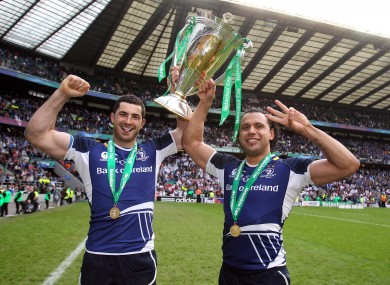 Rob Kearney and Isa Nacewa celebrate cup win number three.