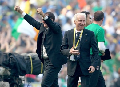 Marco Tardelli and Giovanni Trapattoni celebrate Ireland's goal.