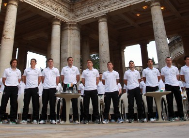 The Ireland squad stand for the National Anthem at the civic reception.
