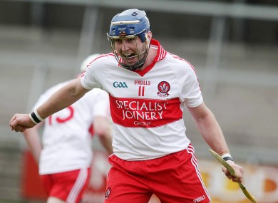 Derry's Paddy McCloskey celebrates scoring a goal.