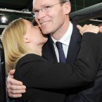 Minister for European Affairs Lucinda Creighton and Fine Gael Director of Elections Simon Coveney celebrate as the result of the Fiscal Treaty referendum is announced at the result centre in Dublin Castle. (Laura Hutton/Photocall Ireland)