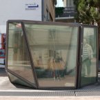The walls of this bathroom turn opaque at the push of a button, and a motion detector makes the glass clear again if there's no movement. Maybe you wouldn't want to be sitting still in there for too long.... (AP Photo) 