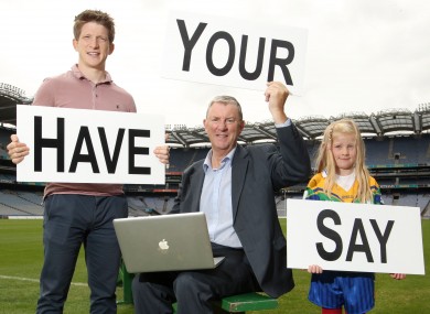 Sligo footballer David Kelly, Committee Chair Eugene McGee and Lauren Darcy in Croke Park yesterday.