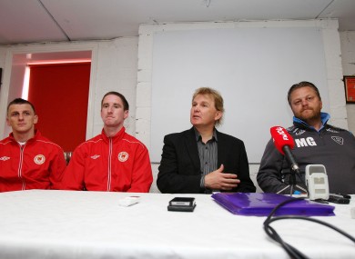 Saints players Anto Flood, Ian Bermingham, manager Buckley and IBV boss Magnus Gylfason.