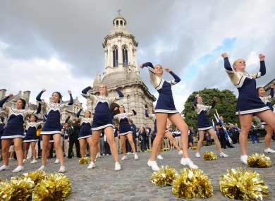 Notre Dame cheerleaders at Trinity College yesterday