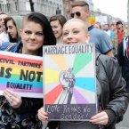 Linda Hegarty (left) from Dublin and Sara McClelland from Belfast at the 'March for Marriage' today