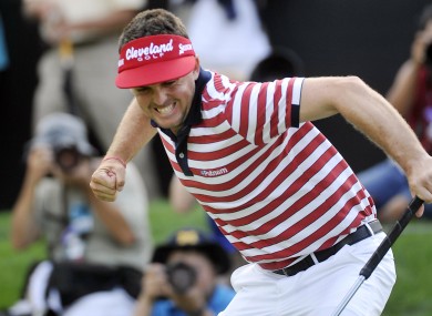 Keegan Bradley celebrates his tournament winning putt on 18.