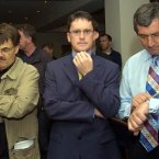 Charlie Bird with Gene Kerrigan and George Lee as they wait for the High Court report into the matter of National Irish Bank at the Gresham Hotel in 2004.