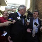 Quizzing Liam Lawlor as he leaves the Mahon/Flood Tribunal after he was accused of lieing repeatedly by the chairman who referred the matter to the DPP in 2003. 