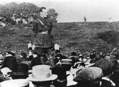 Pádraig Pearse in an Irish Volunteer officer uniform addressing a recruitment meeting in July 1915.