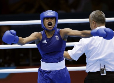Great Britain's Natasha Jonas, reacts after her fight against the United States' Quanitta Underwood.