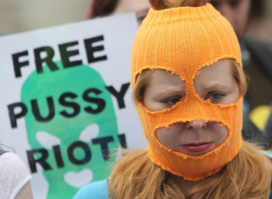 A masked Pussy Riot supporter at a protest on Dublin's O'Connell Street yesterday.