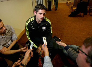 Galway star Fergal Moore faces the press.