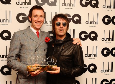 Roll with it: Wiggins with former Oasis frontman Liam Gallagfer this month.