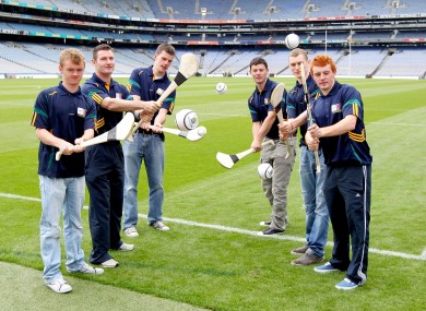 Members of the Kilmacud Crokes club at the launch of this year's hurling sevens in Croke Park.