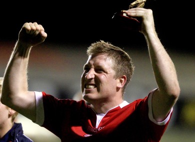 Shels' Philip Hughes celebrates after the game.