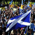 Crowds gather at a rally for Scottish Independence in Princess Street Gardens, Edinburgh, as thousands of people took to the streets of Edinburgh in one of the largest pro-independence marches the city has seen.