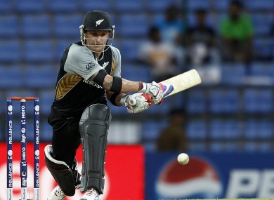 New Zealand batsman Brendon McCullum plays a reverse sweep during the ICC Twenty20 Cricket World Cup match against Bangladesh.