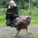 Animal keeper Steph Green watches Gloria, an 11-week-old eagle owl chick, as she takes her first few steps outside of her enclosure at Blair Drummond Safari Park near Stirling, Scotland. 