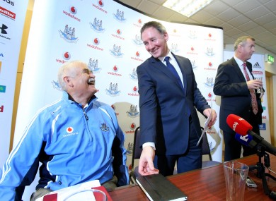 Jim Gavin with Dublin chairman Andy Kettle and chief executive John Costello in Parnell Park yesterday.