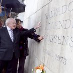 President Higgins with Isabel Allende at the resting place of her father, former Chilean President Salvador Allende, in Santiago General Cemetry , Chile (Photo Chris Bellew/Fennell Photography)
