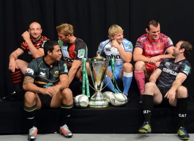 Saracens' Steve Borthwick, Northampton Saints' George Pisi, Harlequins' Chris Roshaw, Sale Sharks' Dave Seymour, Exeter Chiefs' Tom Hayes and Leicester Tigers' Geordan Murphy during the 2012 Heineken Cup Launch at the Sky Studios.