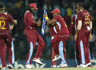 Chris Gayle and Dwayne Bravo dance a jig after their side's semi-final win.