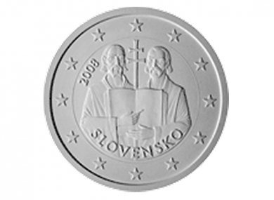 The original design of a potential coin with Saints Cyril and Methodius. A version including halos above both saints' heads has been vetoed by other Eurozone countries.