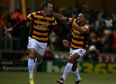 Bradford City's Garry Thompson (left) celebrates with his team-mate James Meredith.