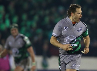 Dan Parks celebrates his second drop goal against Biarritz.