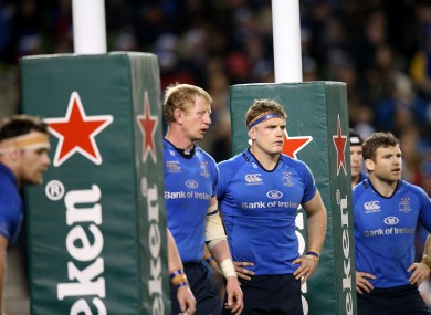 Leinster players await a Clermont penalty attempt.